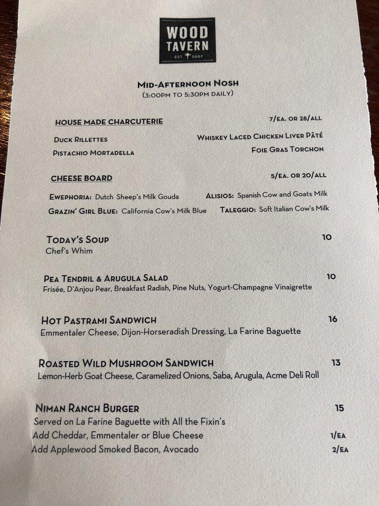 Menu at Wood Tavern restaurant, Oakland