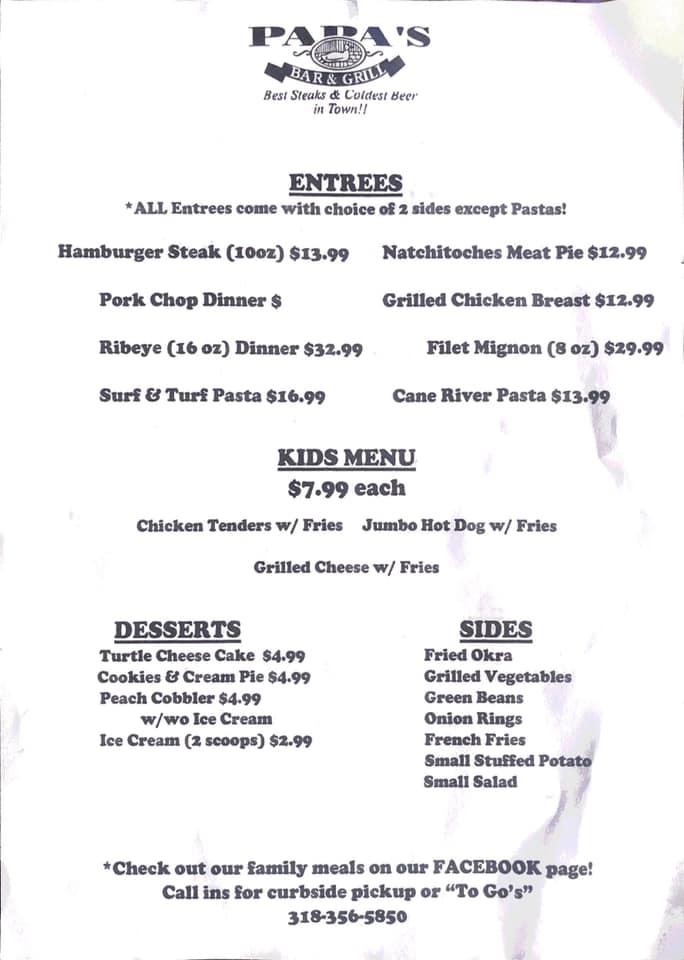 Menu at Mama's Oyster House steakhouse, Natchitoches