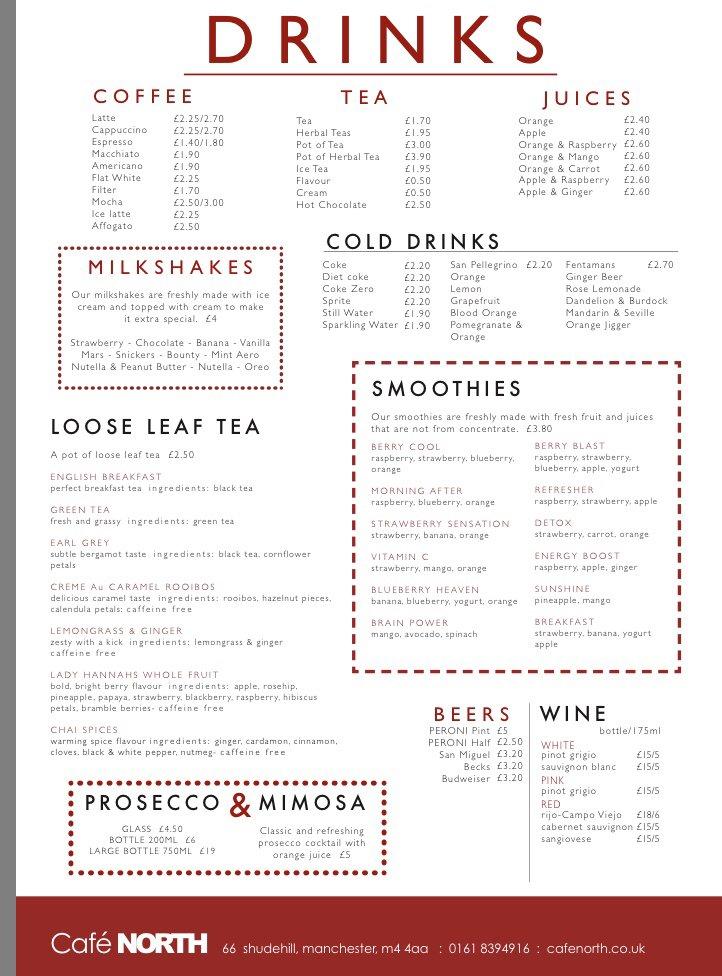 Menu at Cafe North, Manchester, 66 Shudehill