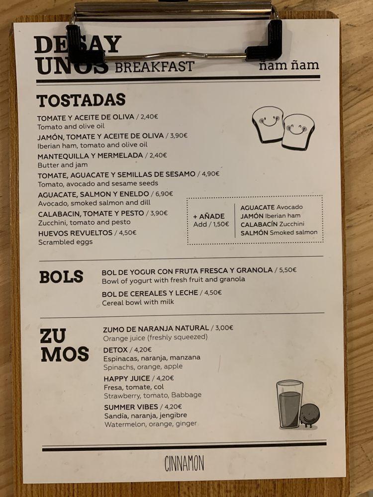 Menu at CINNAMON coffelab & urban food desserts, Bilbao