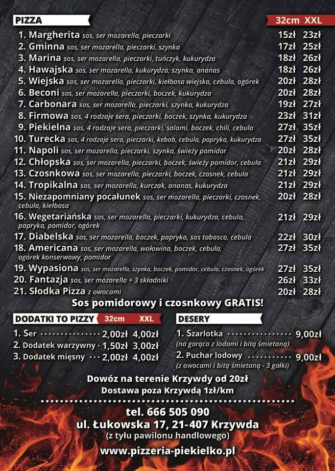 Menu at Piekiełko - pizzeria, bar, Krzywda