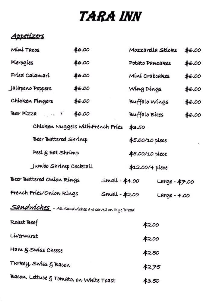 Menu at Tara Inn pub & bar, Port Jefferson, Main St