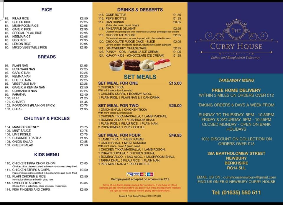 Menu at The Curry House restaurant, Newbury