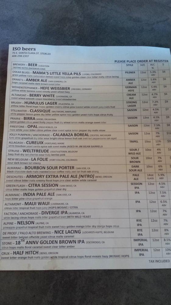 Menu at ISO Beers Beer Bar & Bottle Shop, San Jose