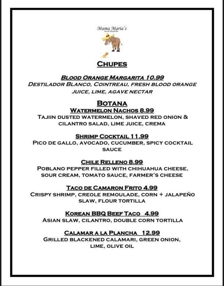 Menu at Mama Maria’s Taco and Tequila Bar, Orland Park