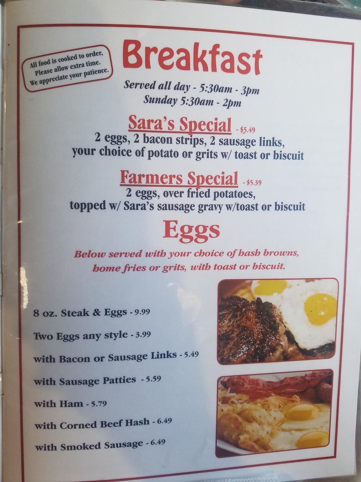 Menu at Sara's Diner restaurant, Crystal River