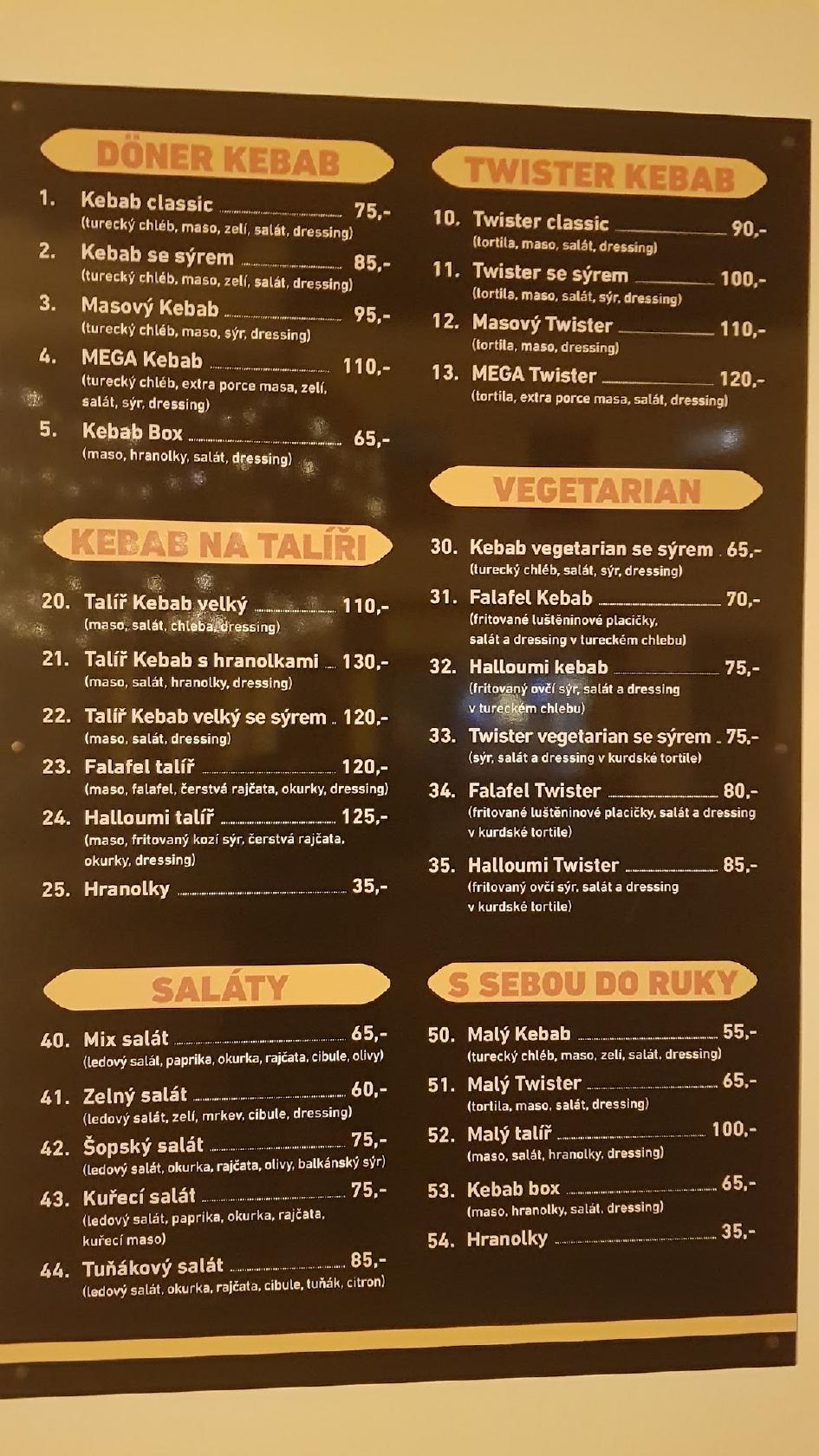 Menu at Kebab House restaurant, Čáslav