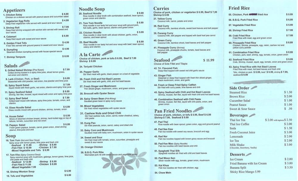 Menu at Thai Silk Express. restaurant, Los Angeles