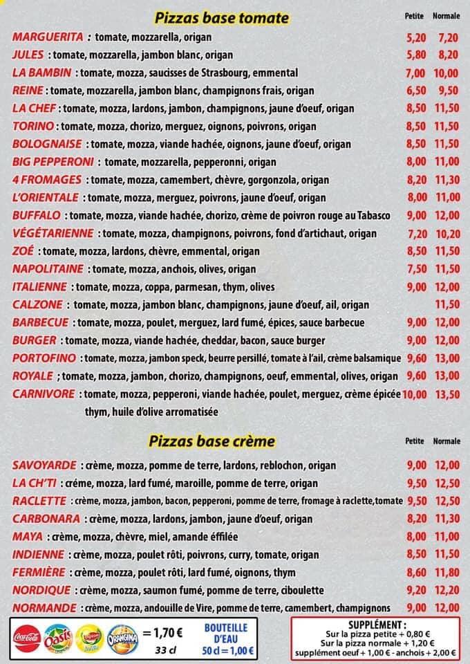 Menu at Mimi Pizza pizzeria, La Cambe