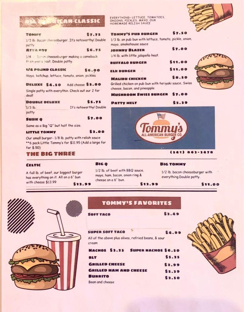 Menu at Tommy's All American Burgers fast food, Myrtle Creek