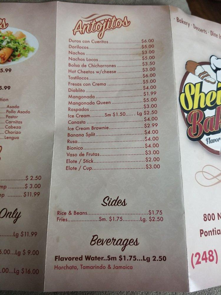 Menu at Sheila's Bakery, Pontiac