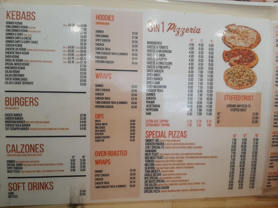 Menu at Chrissy's (Three In One) fast food, Glasgow, 146 Balmore Rd