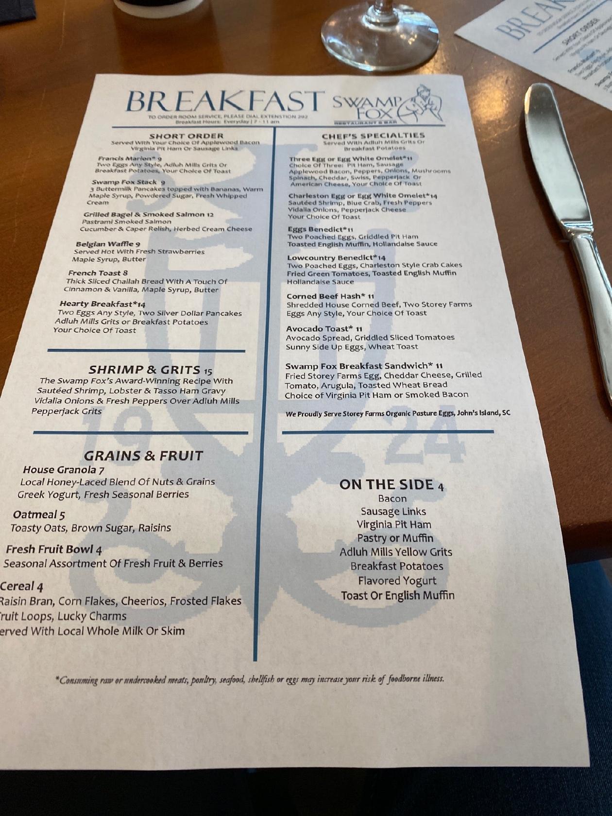 Menu at The Swamp Fox Restaurant, Charleston