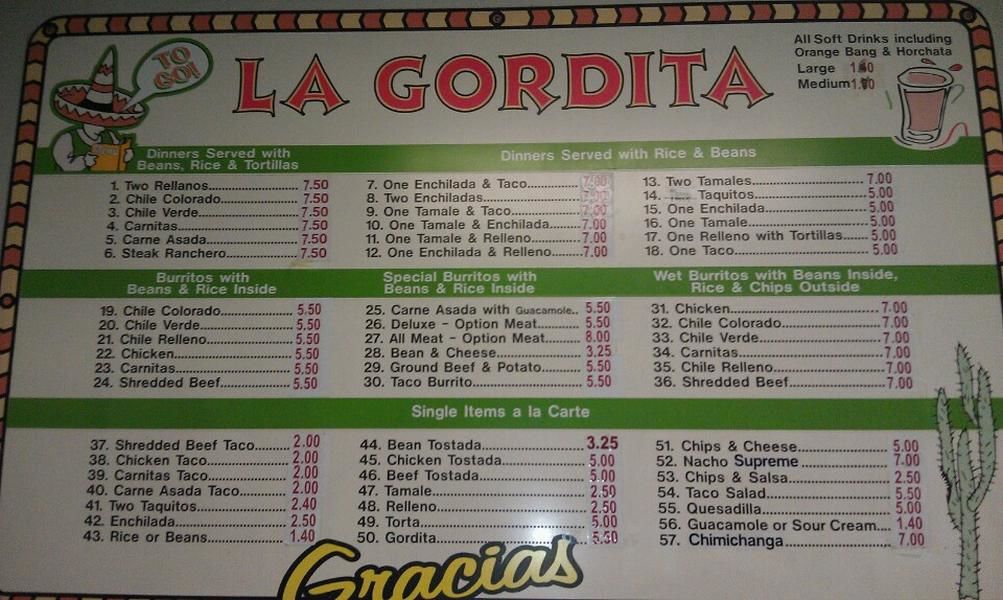 Menu At La Gordita Restaurant, Lomita