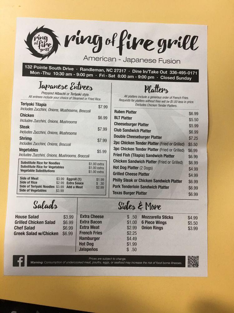 Menu at Ring Of Fire Grill restaurant, Randleman