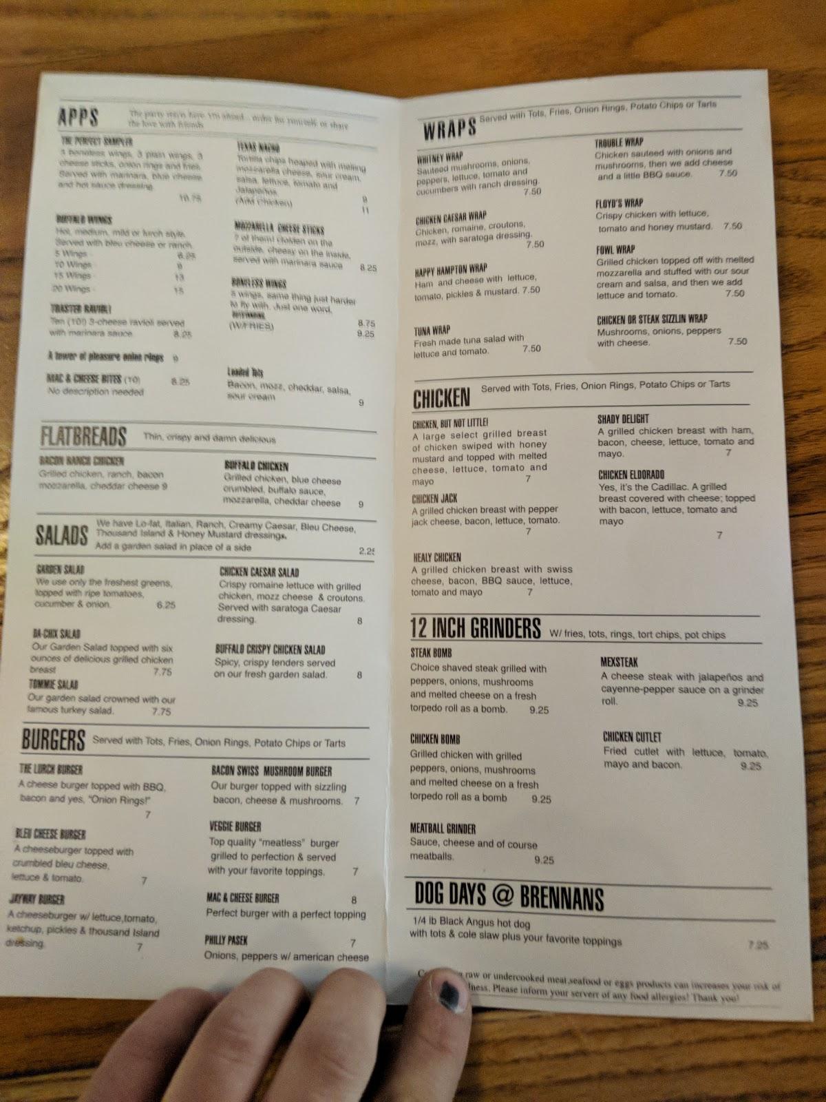 Menu at Brennan's Place pub & bar, Holyoke