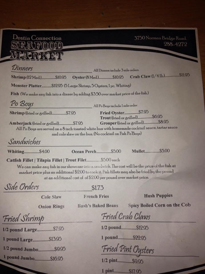 Menu at Destin Connection restaurant, Montgomery