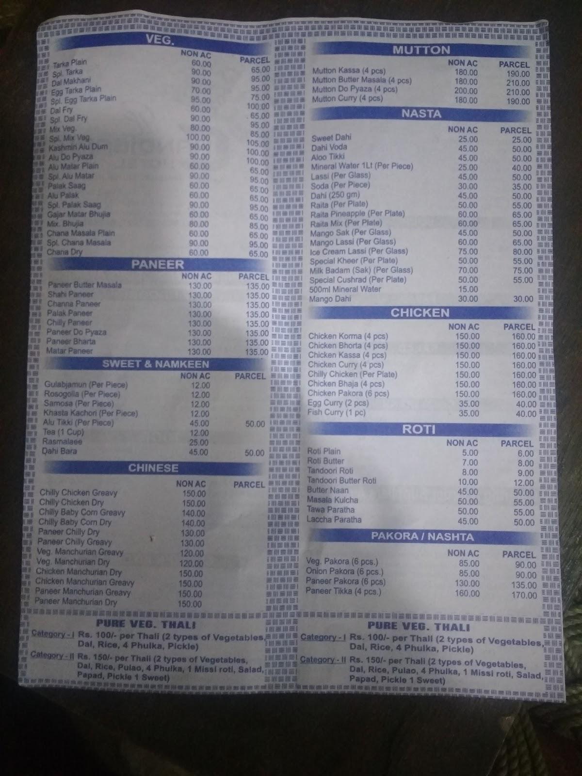 shivalik hotel chandigarh menu