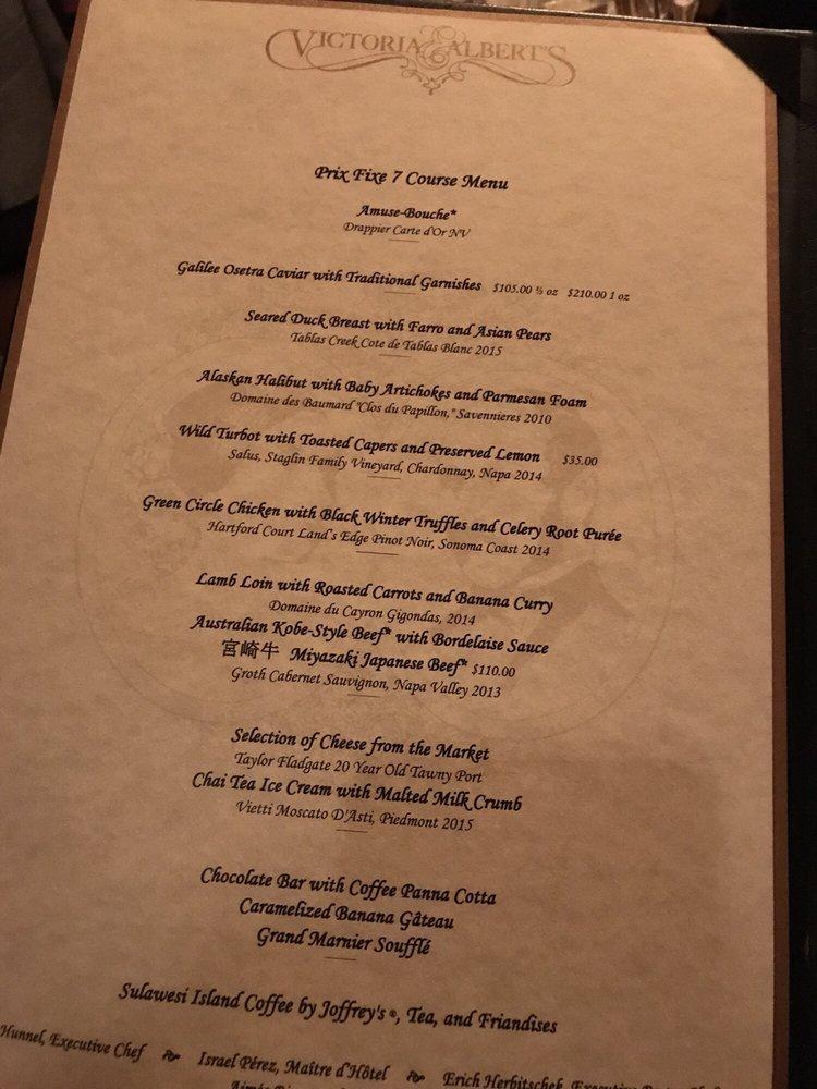 Menu at Victoria & Albert's restaurant, Orlando