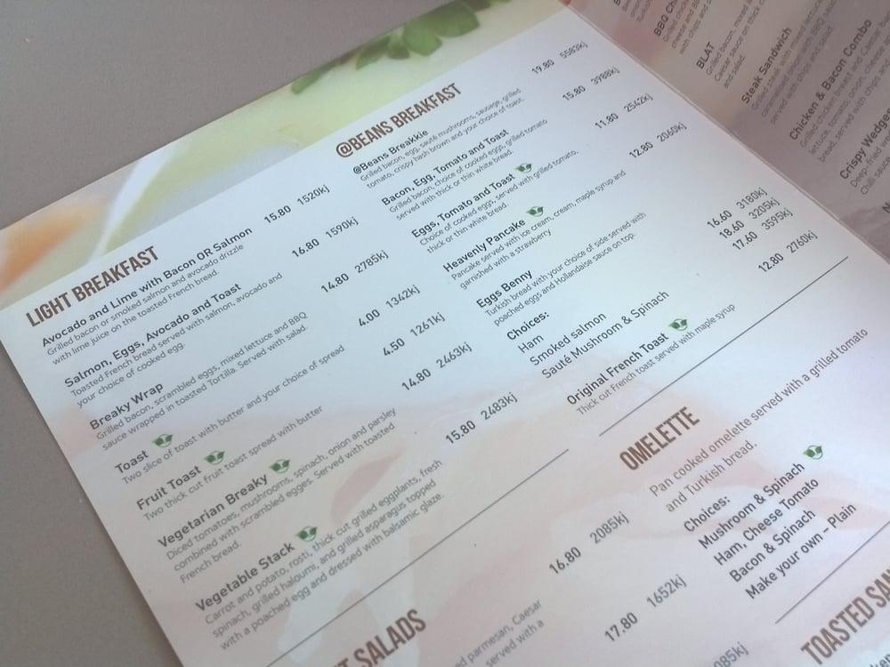 Menu at Beans cafe, Cannon Hill
