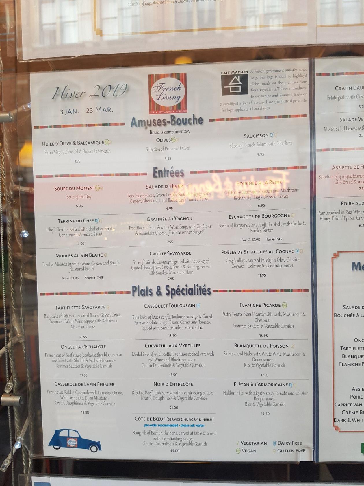 Menu at French Living restaurant, Nottingham, 27 King St