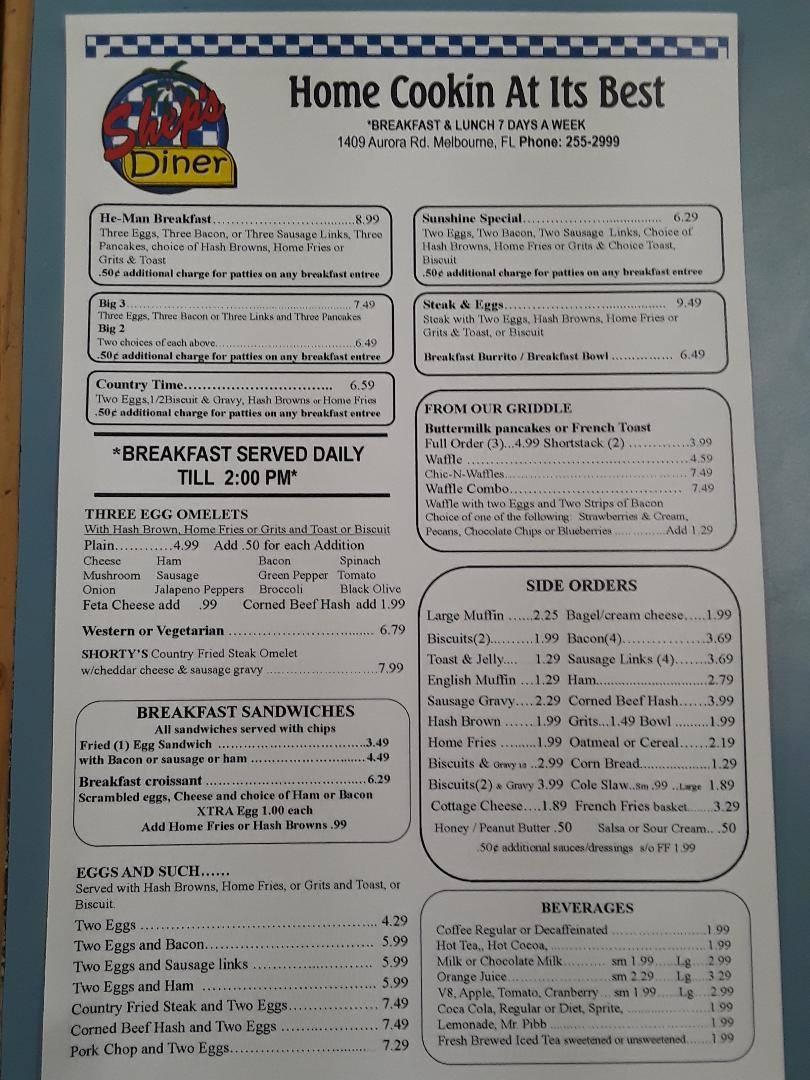 Menu at Shep's Diner restaurant, Melbourne