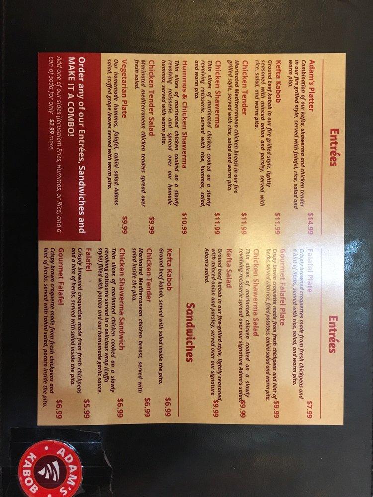 Menu at Adam's Kabob restaurant, Glenview