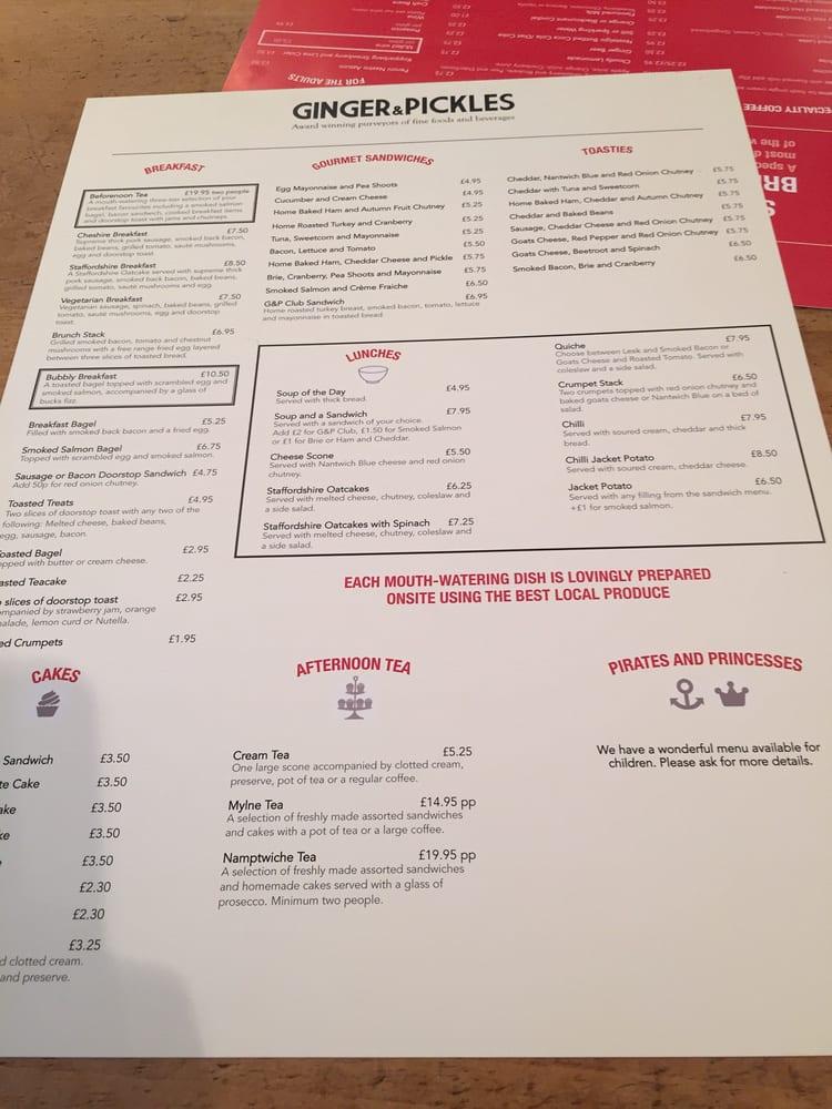 Menu at Ginger and Pickles cafe, Nantwich