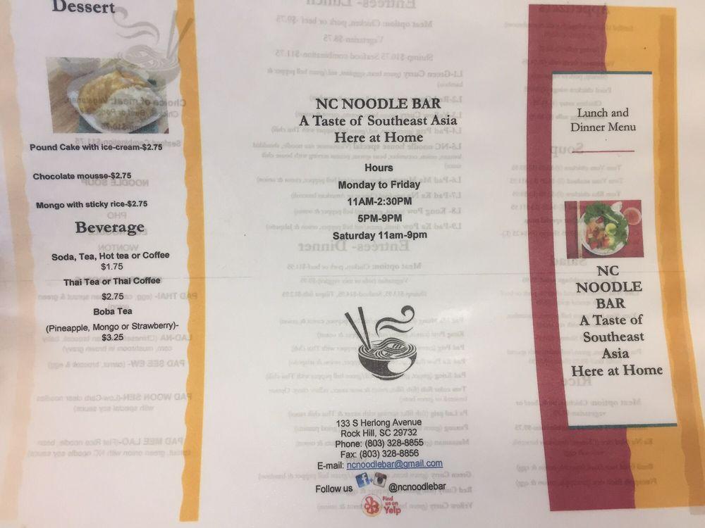 Menu at NC Noodle Bar, Rock Hill, 133 S Herlong Ave