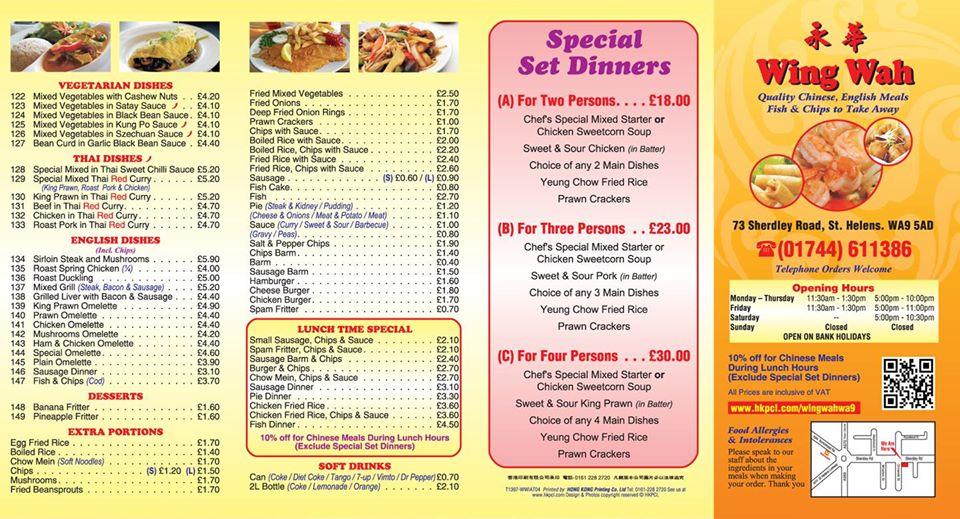 Menu at Wing Wah Chinese Takeaway fast food, St Helens