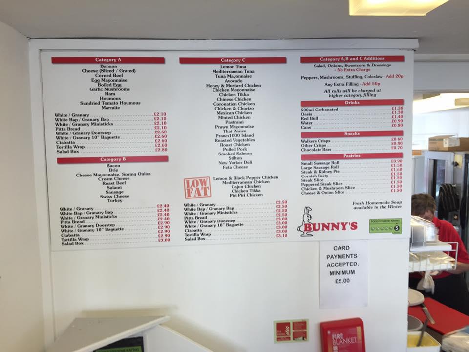 Menu at Bunnys, Oxford