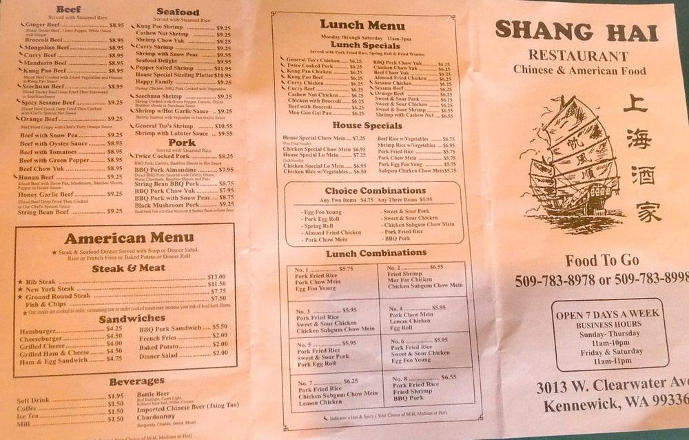 Menu at Shang Hai Restaurant, Kennewick, W Clearwater Ave