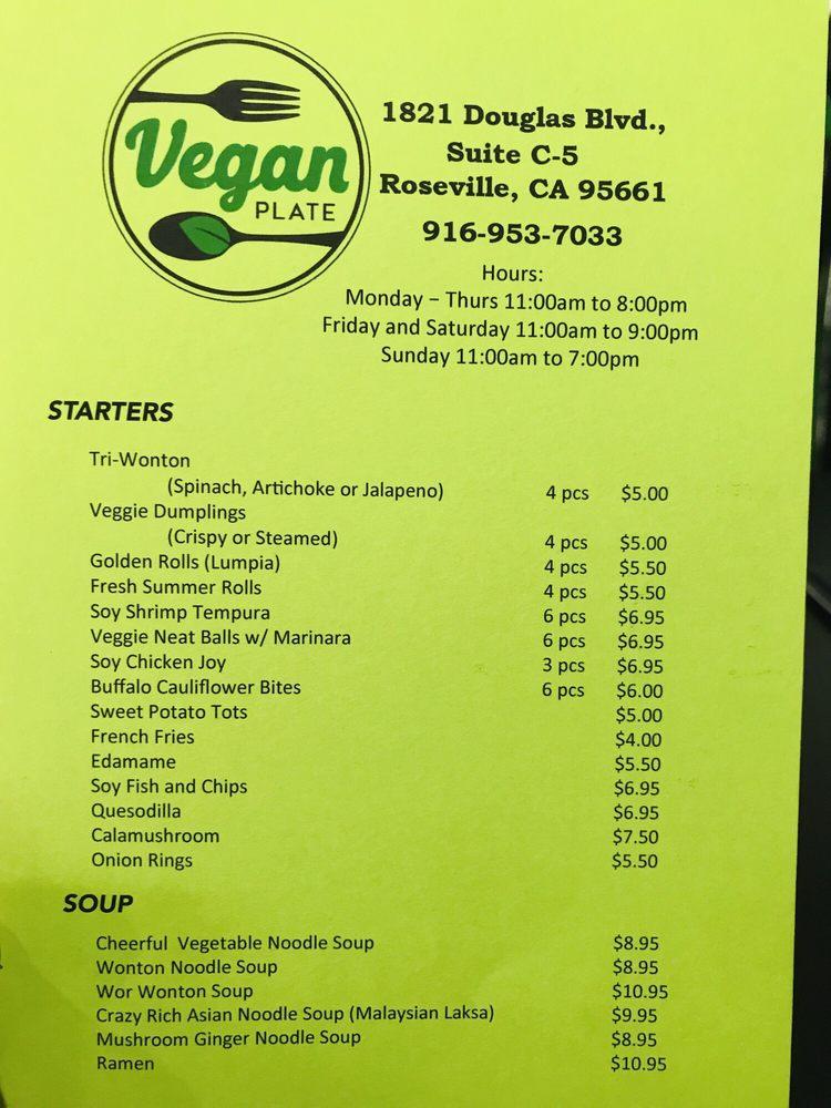 Menu at Vegan Plate restaurant, Roseville