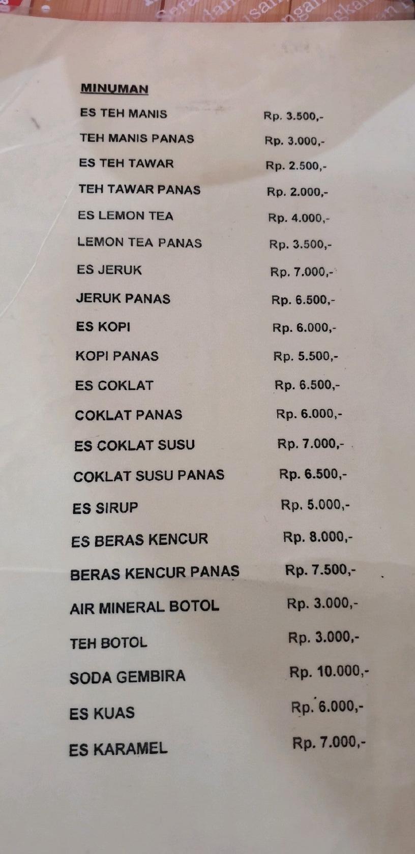 Menu at Timlo Sastro 1 restaurant, Surakarta, Jl. Abdul Muis No.32A