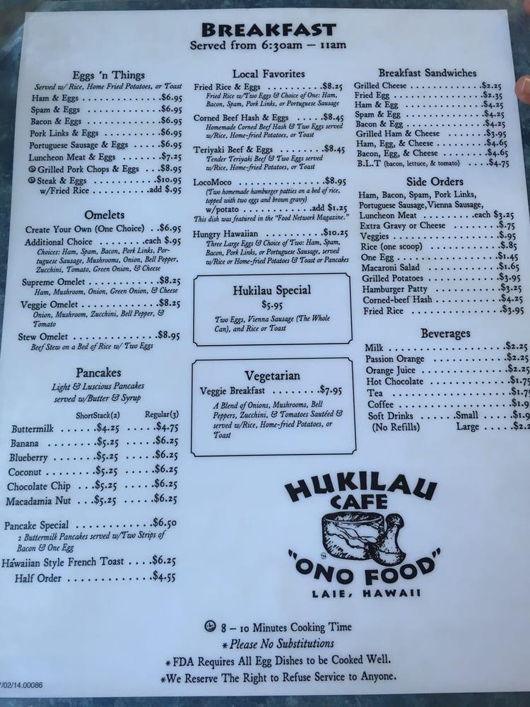 Menu at Hukilau Cafe, Laie