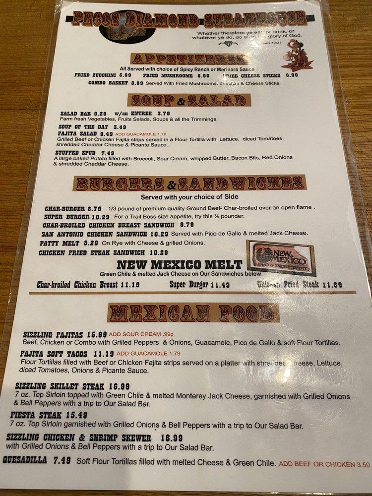 Menu at Pecos Diamond Steakhouse, Artesia