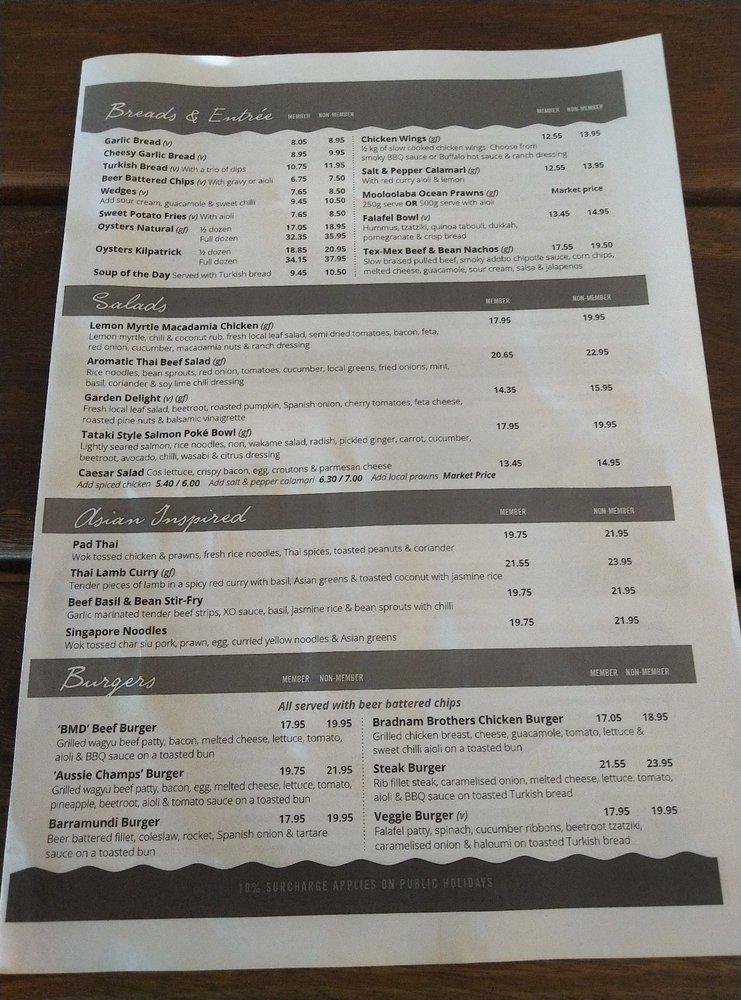 Menu at BMD Northcliffe Surf Club, Surfers Paradise, 51 Garfield Terrace