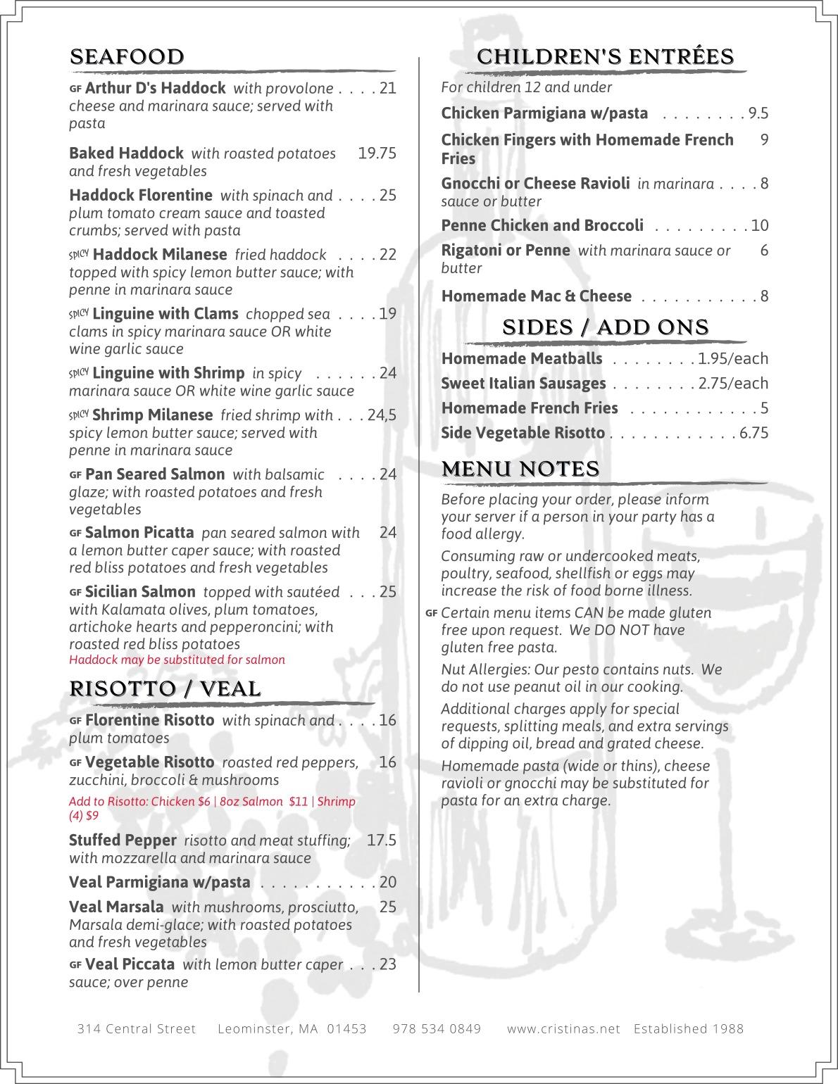 Menu at Cristina's Restaurant, Leominster