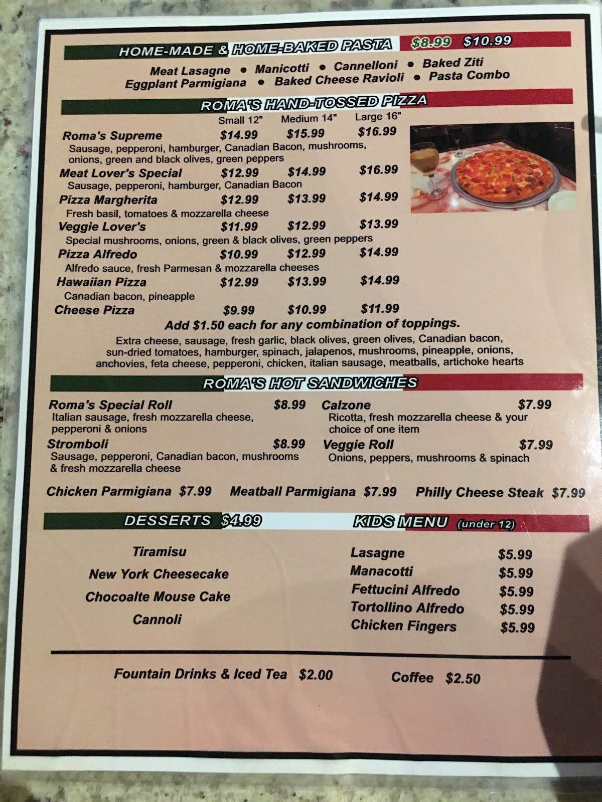 Menu at Roma's Italian Restaurant, Poteau