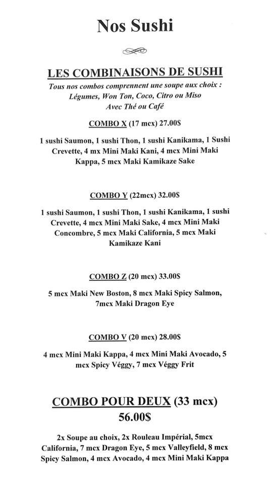 Menu au Chiyo restaurant, SalaberrydeValleyfield