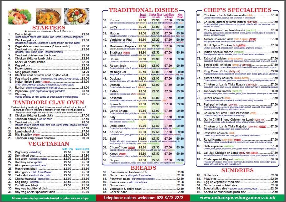 Menu at Indian Spice Takeaway Dungannon fast food, Dungannon