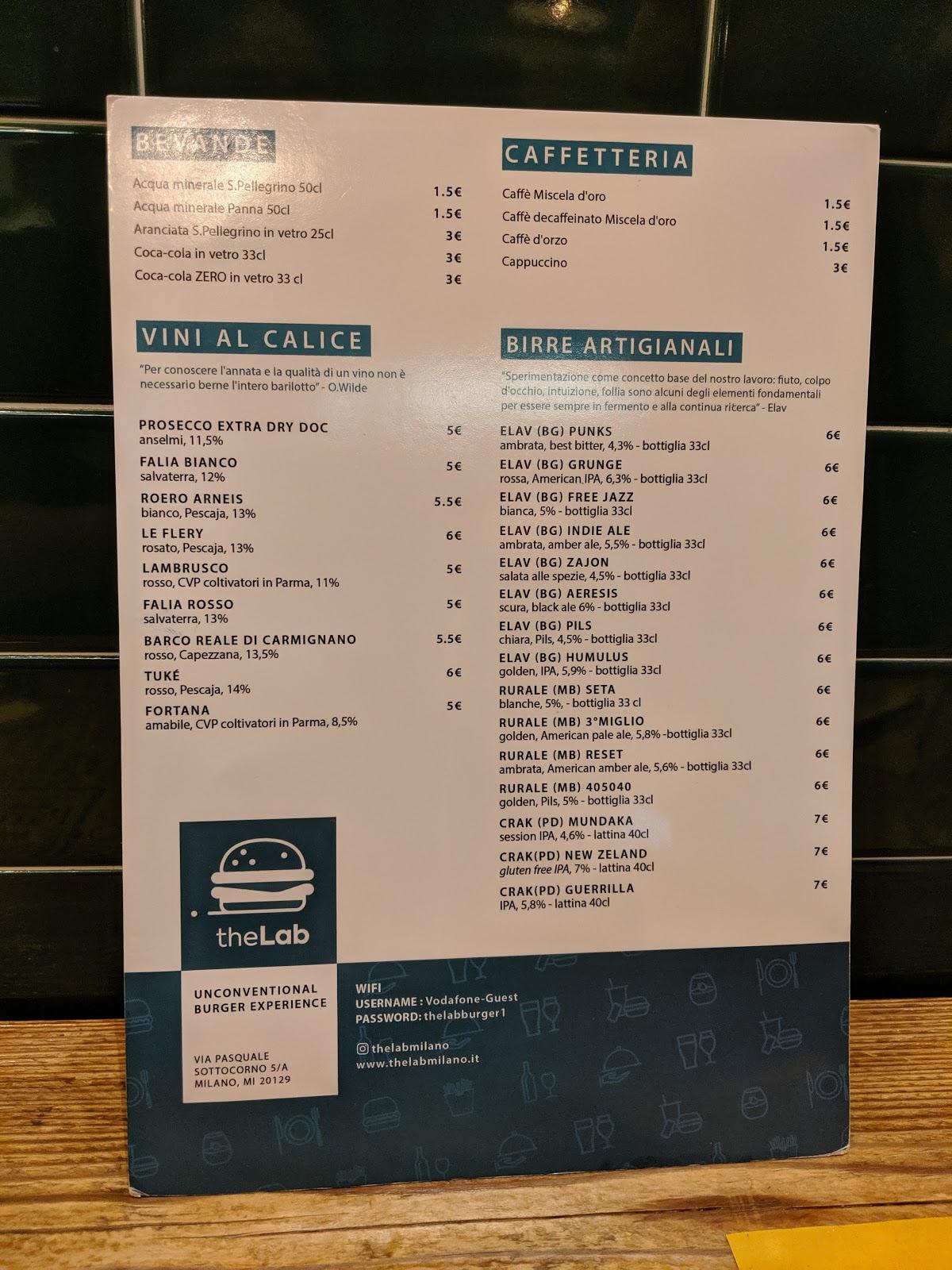 Menu at theLab Unconventional Burger Experience restaurant, Milan