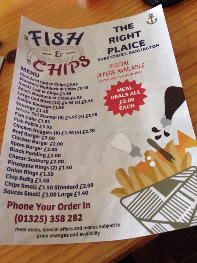 Menu at The Right Plaice fast food, Darlington