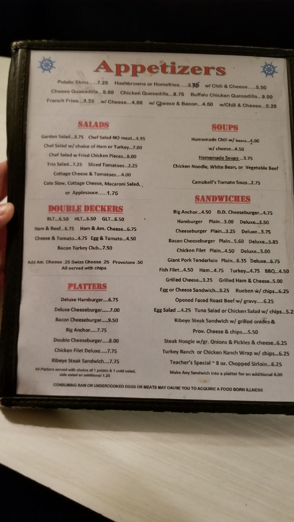 Menu at Anchor Grill restaurant, Covington