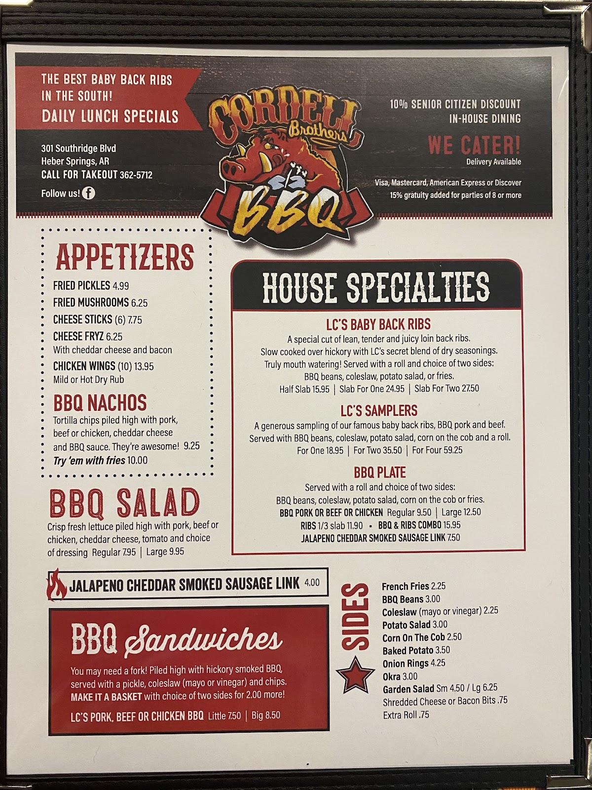 Menu at Brothers BBQ, Heber Springs