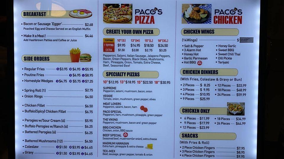 Menu at G & C / Pacos Pizza & Chicken restaurant, Gimli