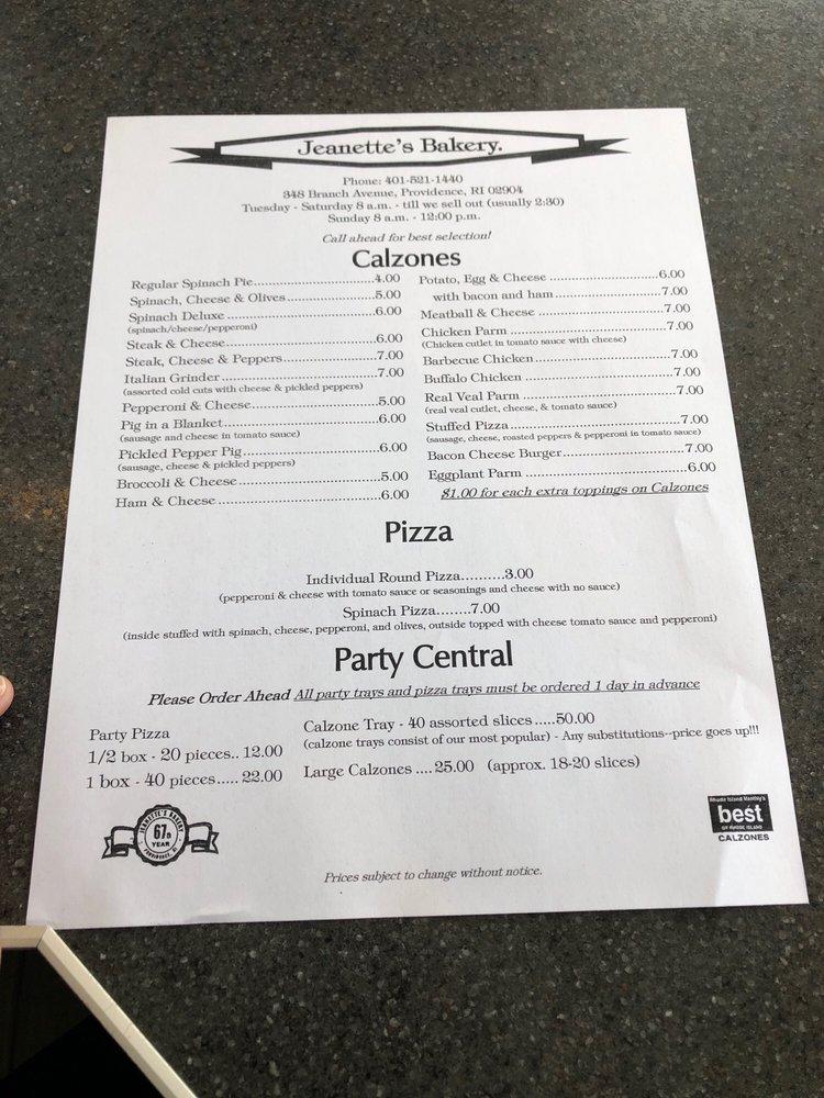 Menu at Bakery, Providence