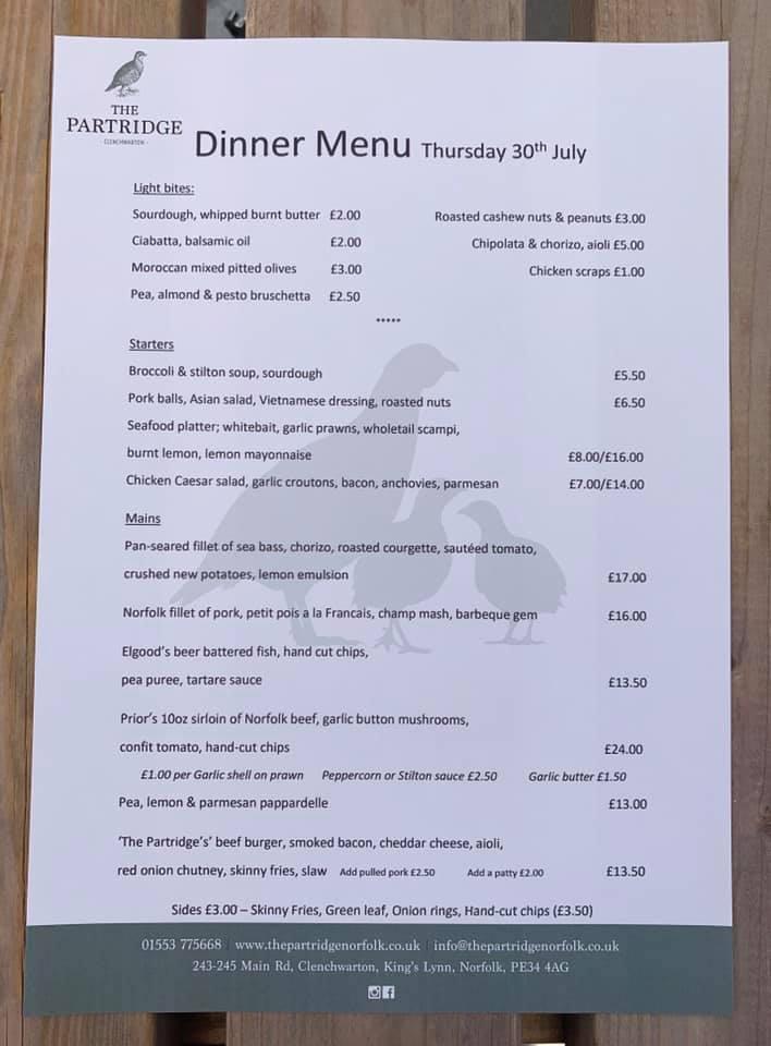 Menu at The Partridge restaurant, Terrington Saint Clement