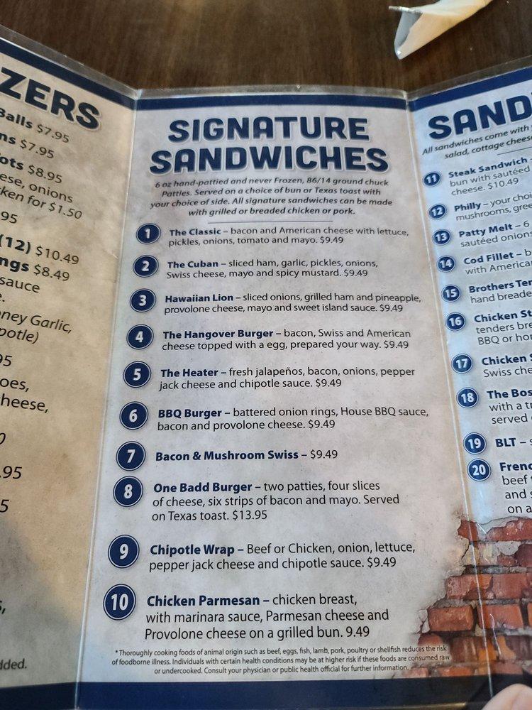 Menu at Brothers on Main pub & bar, Carroll