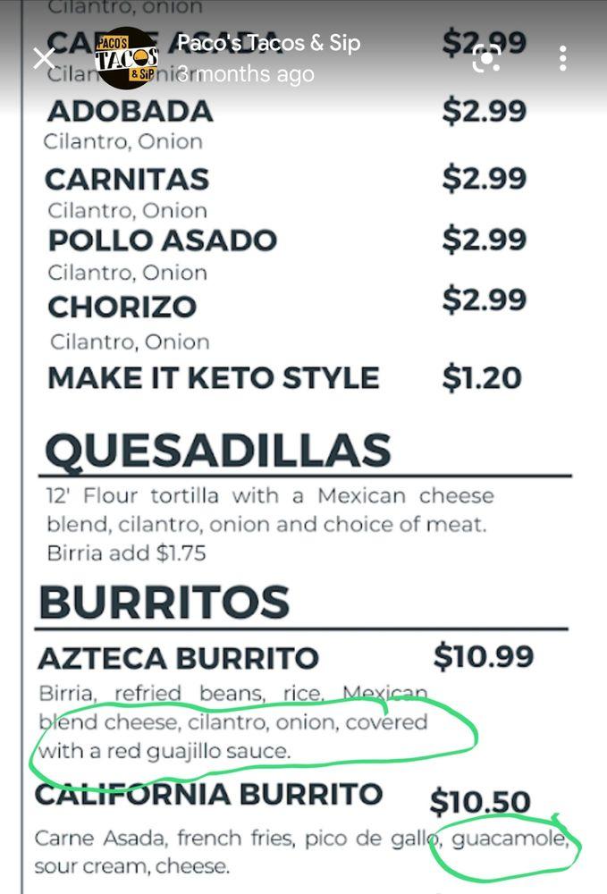 Menu at Paco's Tacos & Sip restaurant, Phoenix